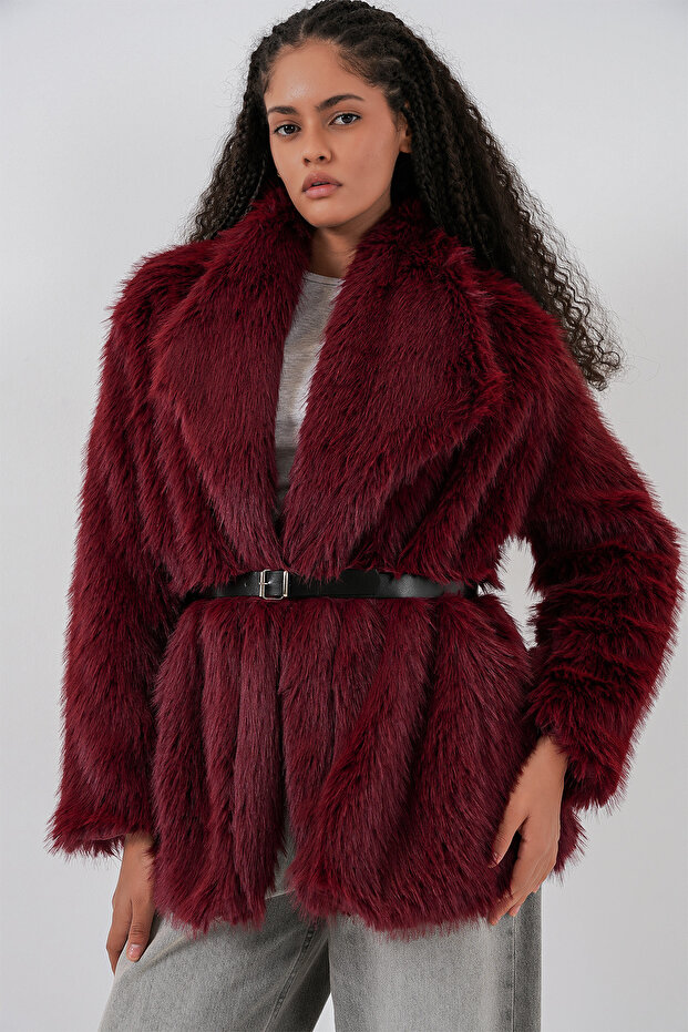 Women's Belted Oversized Fur Coat 9156 - Claret Red