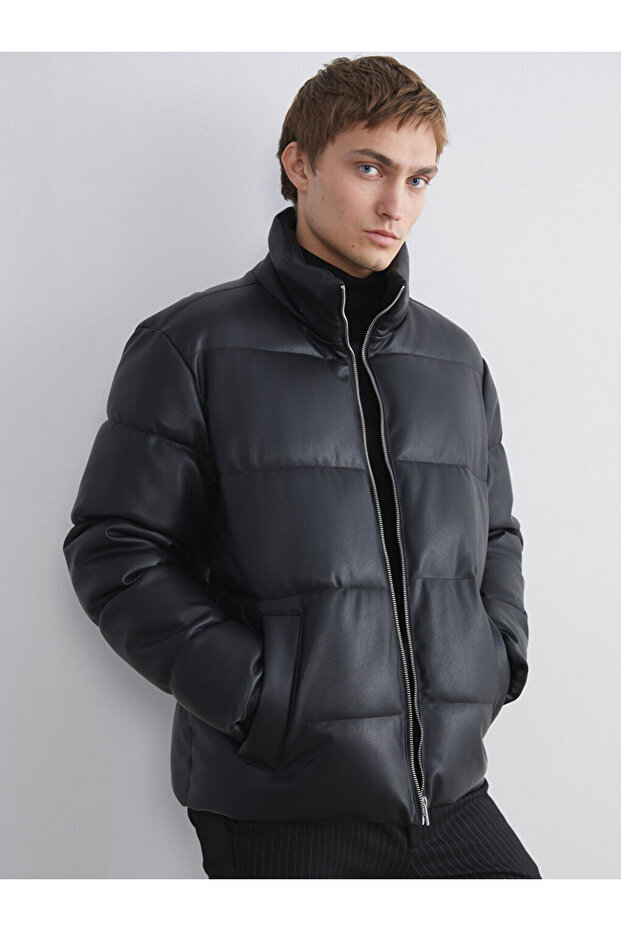 Rmz Gi̇yi̇m Farkiyla Comfortable Fit Roba Collar Men's Leather Look Coat