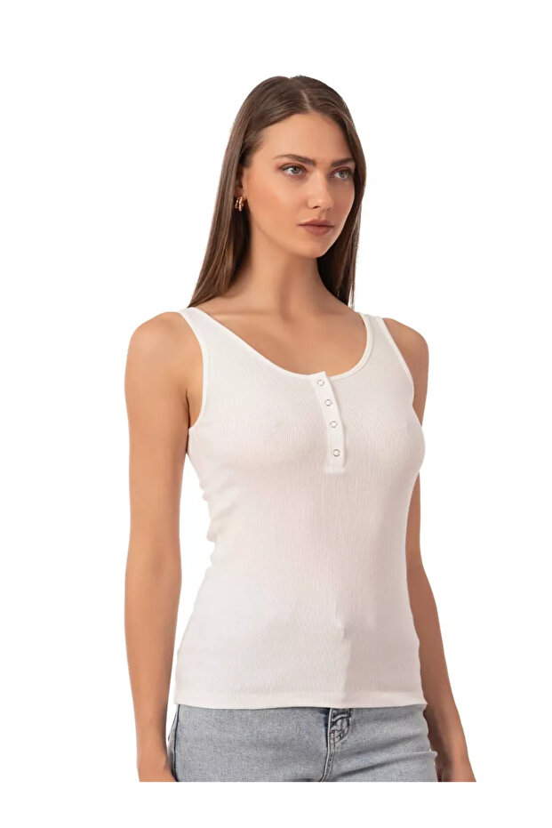 27063 Women's Cotton Ribbed Knit Corded Fabric Stretchy Comfortable, Front Placketed Thick Strap Knitted Tank Top Crop Outerwear