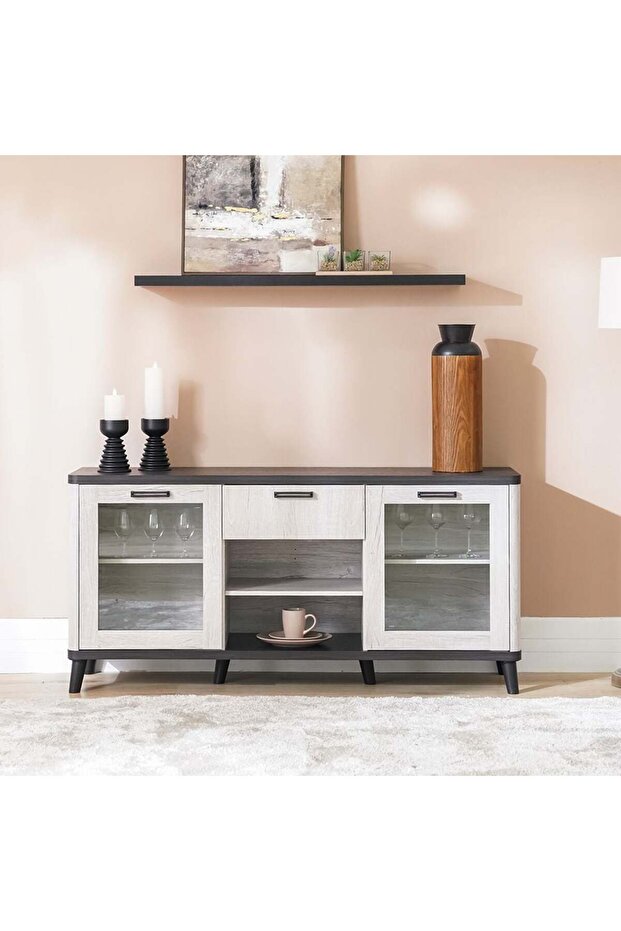 Kirwin Buffet Cabinet with 2 Glass Doors - Grey Oak/Black - Stylish Storage with 2-Year Warranty