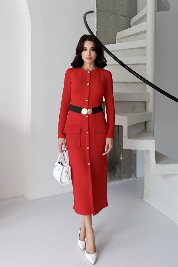Red Buttoned Dress with Elastic Waist Detail