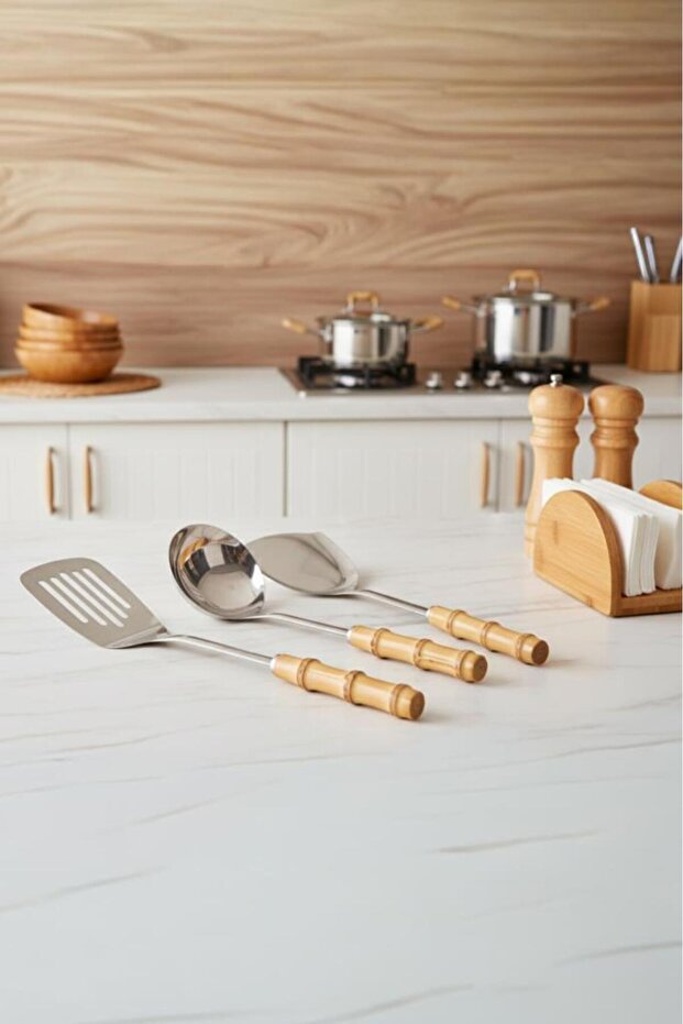 Bambum Mundo 3 Piece Bamboo Handle Steel Kitchen Utensil Set Spoon Colander Ladle