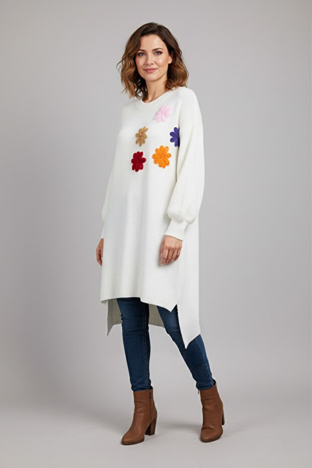 Oversized Crew Neck Slit Flowers Detailed Knitwear Sweater Tunic - Ecru
