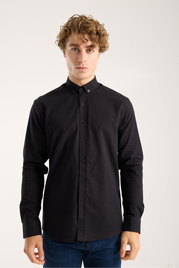 Black Oversize Cotton Linen Textured Men's Shirt