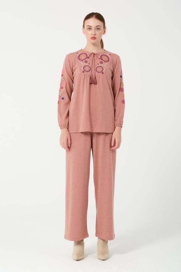 Hatunatila Hera Fabric Front and Sleeves Are Authentic Embroidered Tassel Detailed Double Suit 7665 Powder