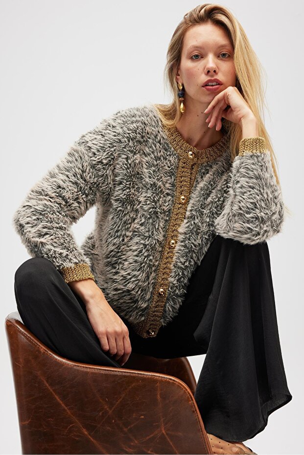 Kadın Triko Hırka - Bej Melanj - 5