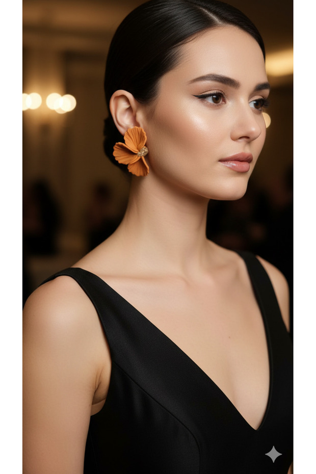 Camélia Handmade Polymer Clay Earrings – Orange Flower Design – Elegant Model with Gold Detail