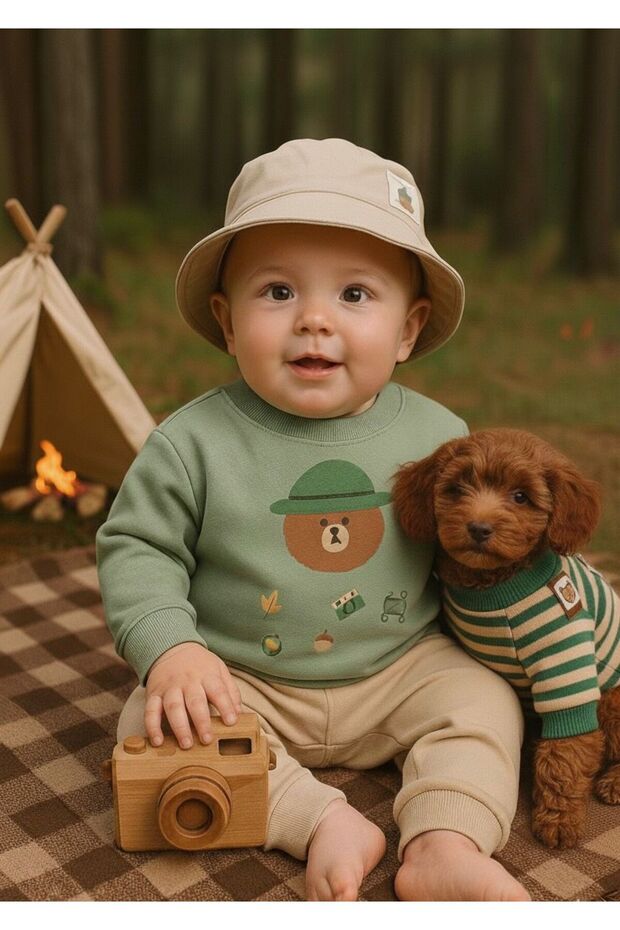 Baby Boy Safari Hat, Camper Teddy Bear Printed Cotton 3-Piece Set