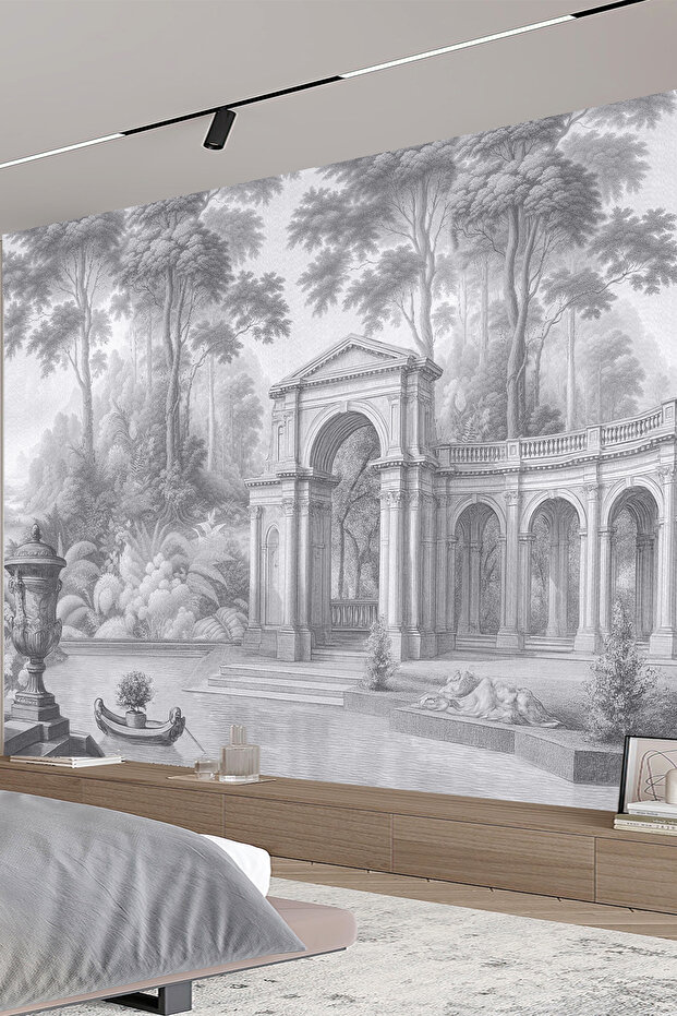 Antik Yapı ve Doğa Manzaralı Kanvas Tablo Doku GörünümlüTekstil Duvar Kağıdı – Gri Desen - 2