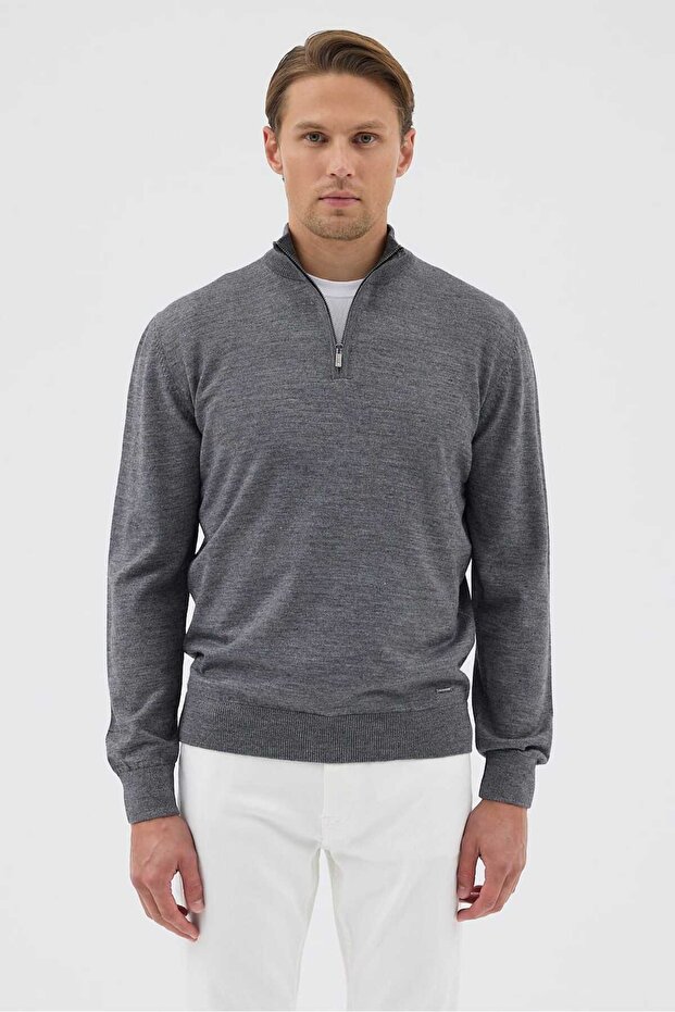Half Fisherman Zippered Wool Gray Knitwear Sweater