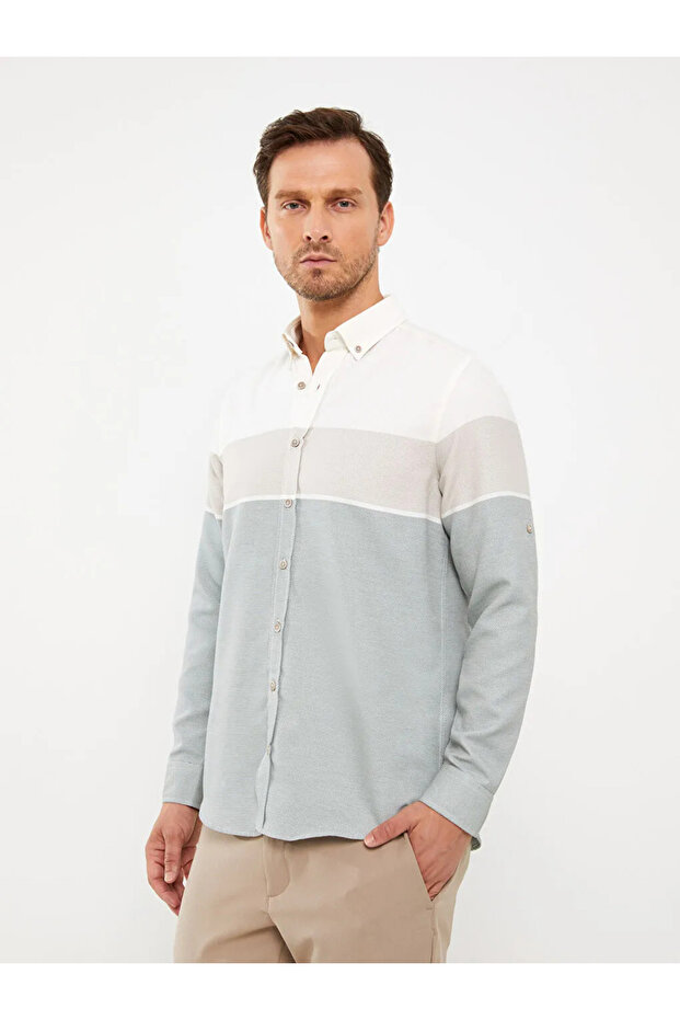 Lcwaikiki Classic Green Regular Fit Long Sleeve Dobby Men's Shirt