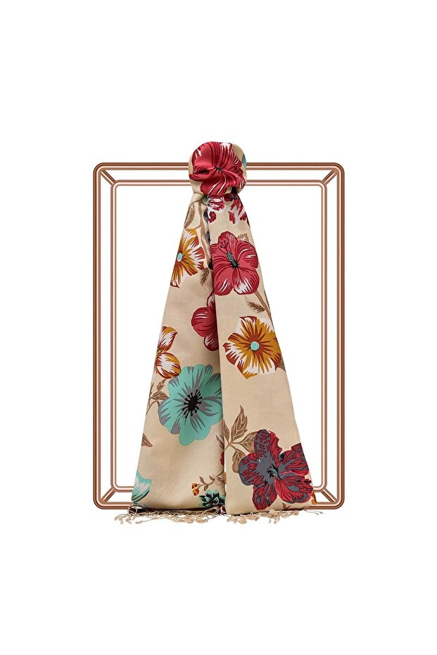 Patterned Silk Shawl - Petunia Patterned - Cream - 1