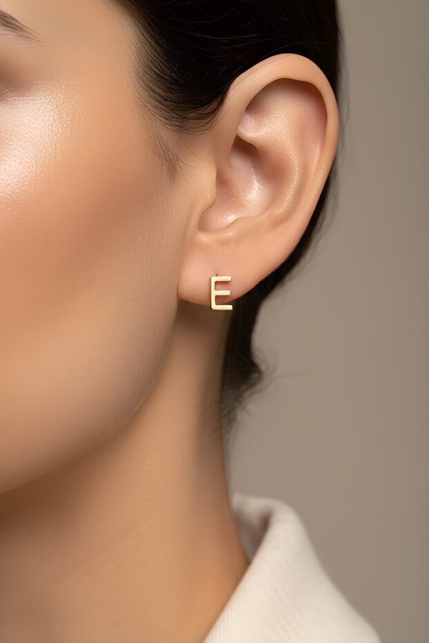 My Story E Harfi 18 Ayar Sarı Altın Kaplama Gümüş Tek Küpe - 2