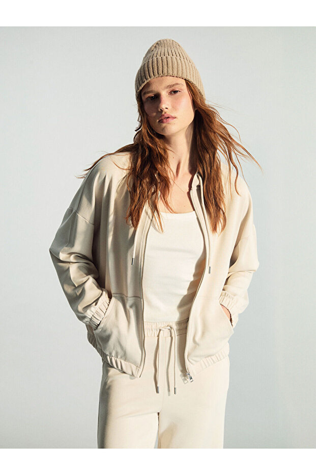 Alita City Farkıyla Xside Beige Interlock Plain Standard & Regular Women's Zippered Sweatshirt