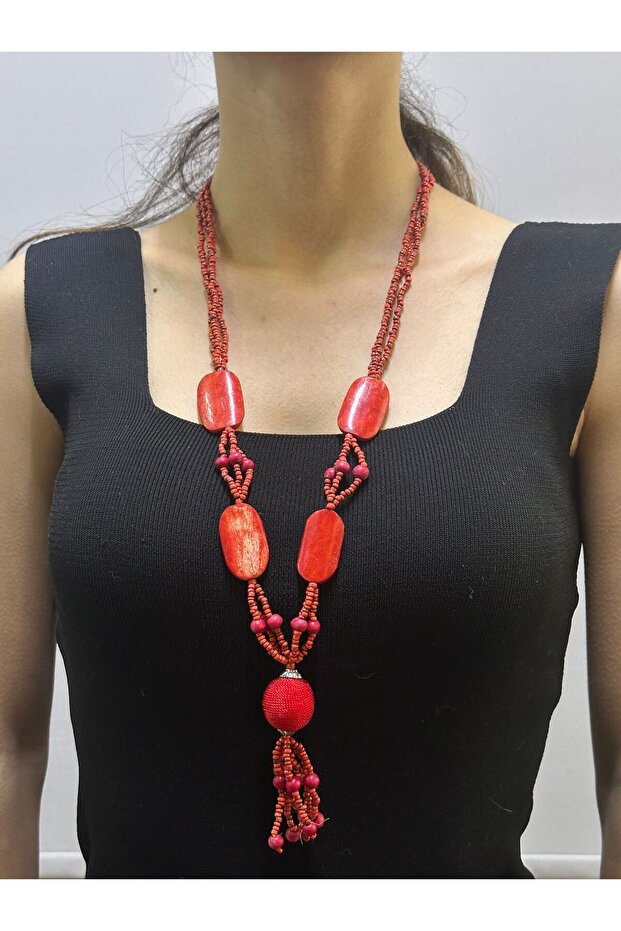 Red Bamboo Bead Embroidery Women's Necklace 35 cm