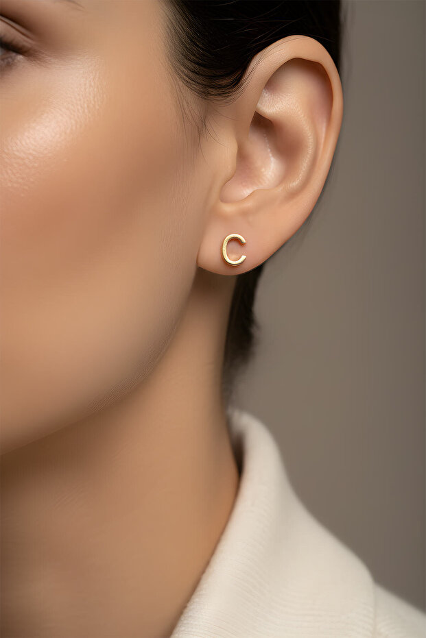 My Story C Harfi 18 Ayar Sarı Altın Kaplama Gümüş Tek Küpe - 2