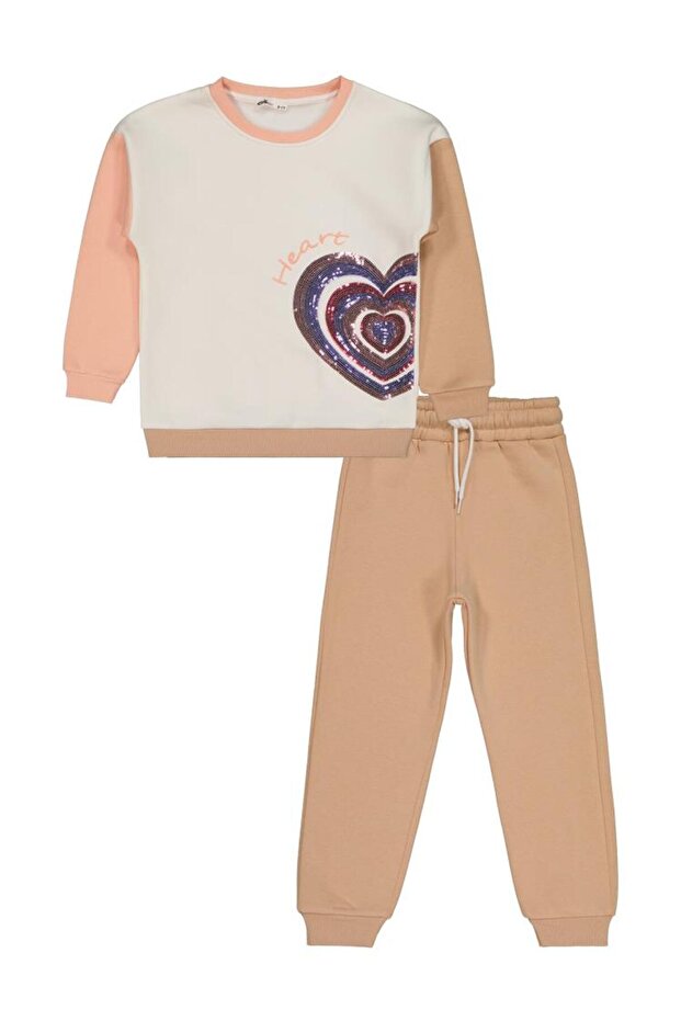 Kalp Printed 6-9 Years Old Tracksuit Set - Beige 9-10 Years Old