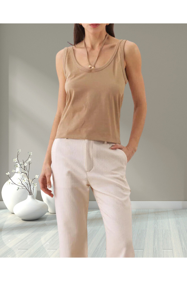 Women's Regular Fit Zero Sleeve U Neck Halter Detail Cotton Blouse
