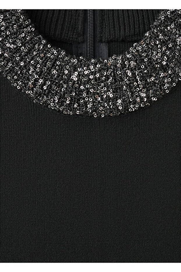 Payetli yaka triko elbise - 5