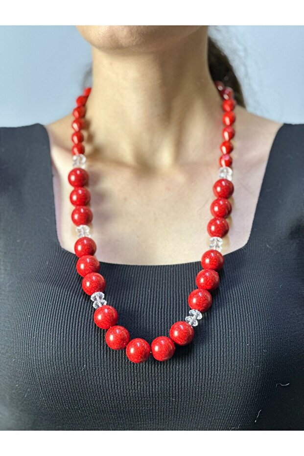 Red Bamboo Beaded Women's Necklace 32 cm