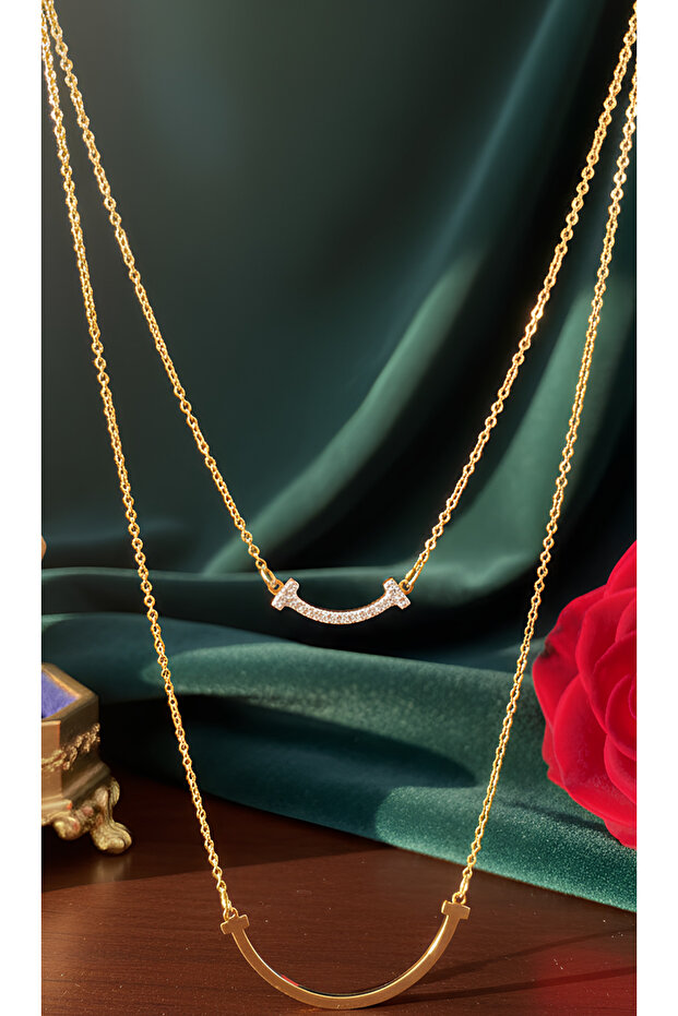 Zircon Stone New Season Two-Cut Sword Gold Color Trend Steel Necklace