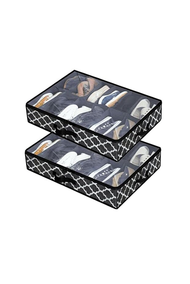 2 Pack Under Bed Shoe Storage Organizer for Closet,Fits 24 Pairs Underbed Shoes Container Boxes with Sturdy Handles and Clear Window,Foldable Shoe Rack Holder (Black Lantern)
