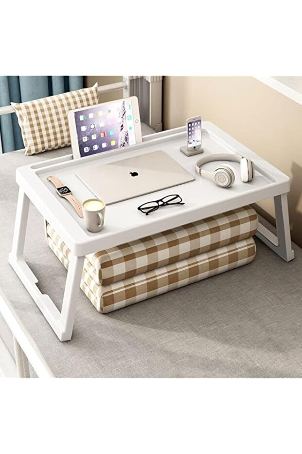 Simple Laptop Desk, Foldable Bed Computer Table with Pad Slot, Lap Notebook PC Stand, Folding Sofa Coffee Tray Table, Portable Small Picnic Table for Bedroom Living Room Couch Camping (White)