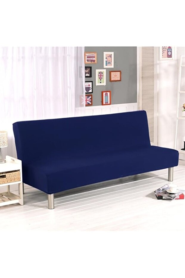 Solid Colour Armless Sofa Bed Cover Polyester Spandex Stretch Futon Slipcover Protector 3 Seater Elastic Full Folding Couch Sofa Shield fits Folding Sofa Bed without Armrests 200cm x 130cm in (Dark..