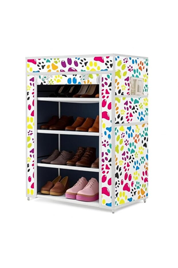 FITTO Printed Shoe Rack Multipurpose Collapsible Storage Organizer - 4 Shelves, 1 Side Pocket, Non-Woven Fabric Cabinet (4L-1 Dog Blue)