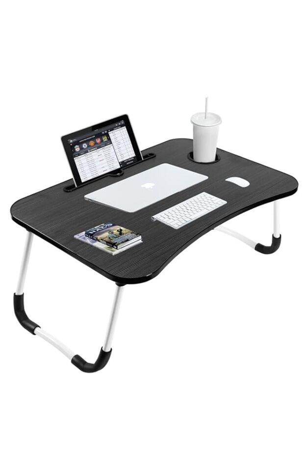SKY-TOUCH Portable Folding Laptop Desk for Bed，With iPad and Cup Holder Adjustable Lap Tray Notebook Stand， Foldable Non-Slip Legs Reading Table Tray for working，studying，camping 60x40x28cm Black