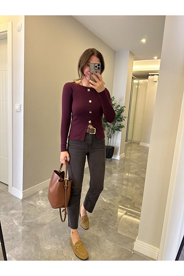 4 Düğmeli Basic Bluz - Mürdüm - 2