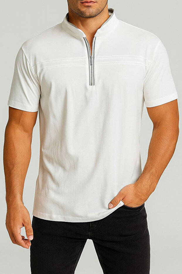 Hakim Yaka White T-Shirt with Gray Zipper Detail