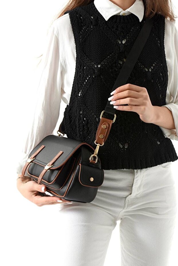 Women's Double Buckle Detailed Stylish Multi-Compartment Crossbody Hand and Shoulder Bag