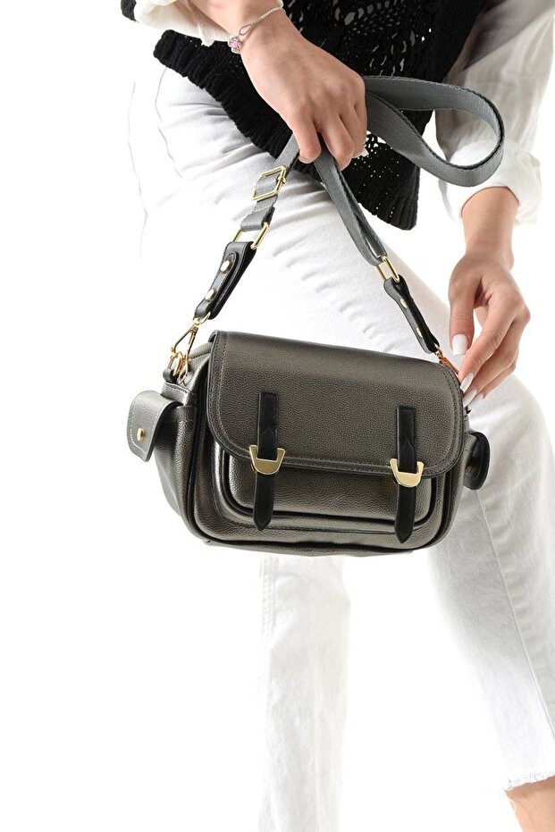 Women's Double Buckle Detailed Stylish Multi-Compartment Crossbody Hand and Shoulder Bag