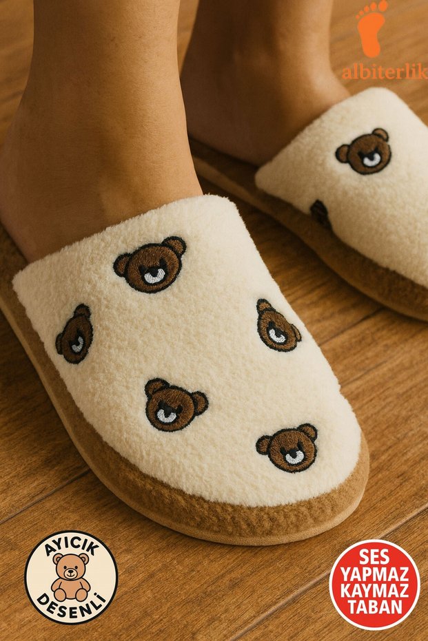 Teddy Bear Embroidered Fluffy House Slippers Dowry Slippers Non-Slip Sole Winter Women's House Slippers