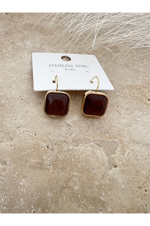 PAMEL KAHVE TAŞLI KÜPE (GOLD/KAHVE RENK) 2 cm - 1