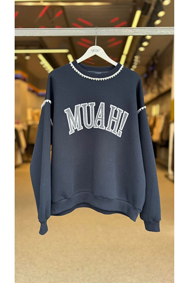 Bisiklet Yaka Oversize Şardonlu Sweatshirt - 2