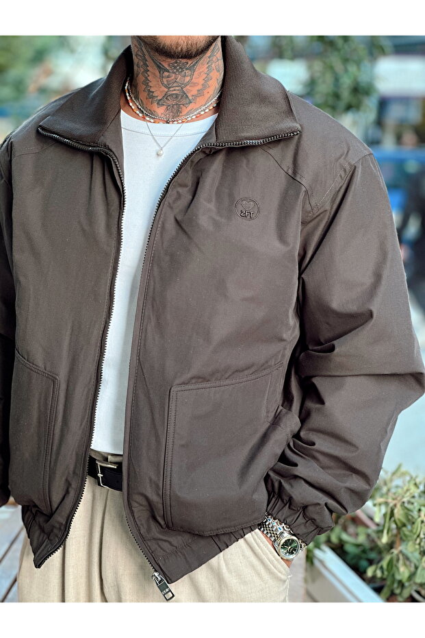 Göğüs Nakışlı Oversize Mont kahve - 3