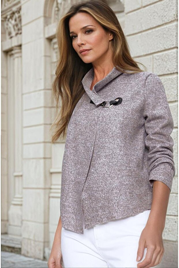 Women's Yumoş Jacket Broş Belt Buckled Laser Cut Long Sleeve 700-2976275