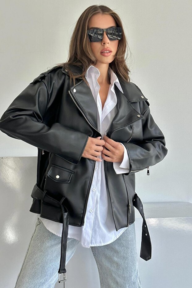 Elvera Women's Zr Belted Black Leather Jacket