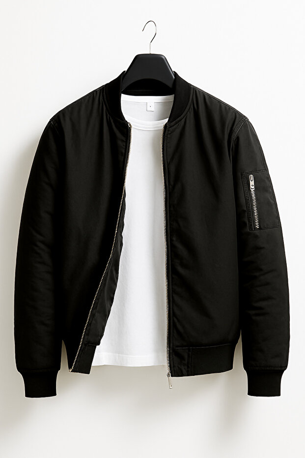 Unisex Oversized New Season Double Pocket Black Bomber Jacket