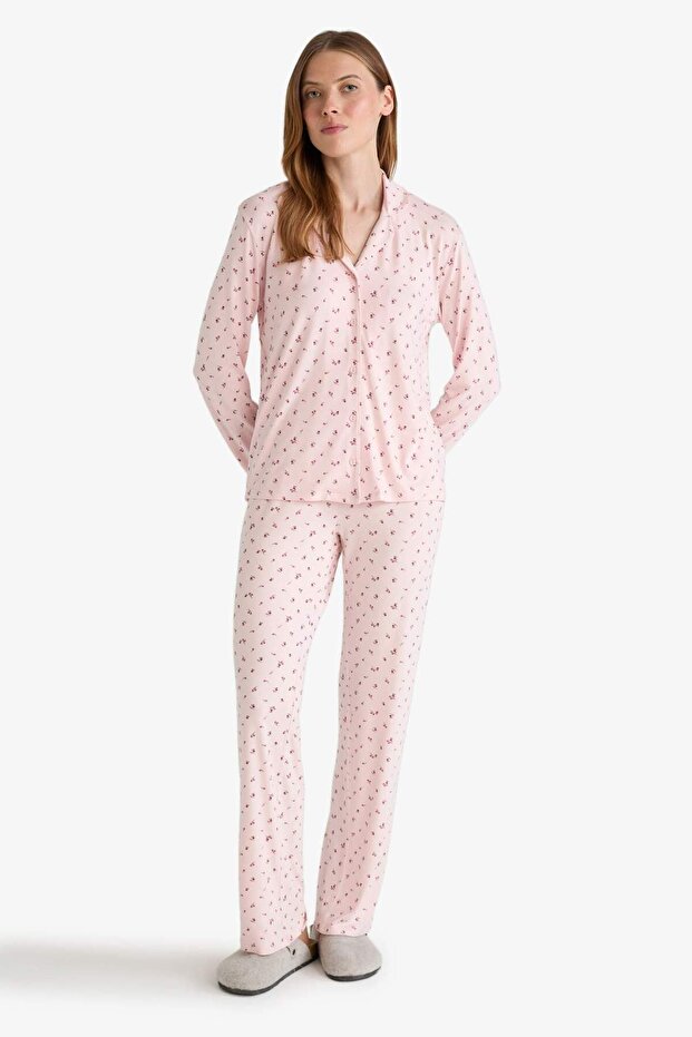 Pijama Takımı Regular Fit Desenli Uzun Kollu Üst Uzun Alt-Fall in Love G0228AX25AU - 2