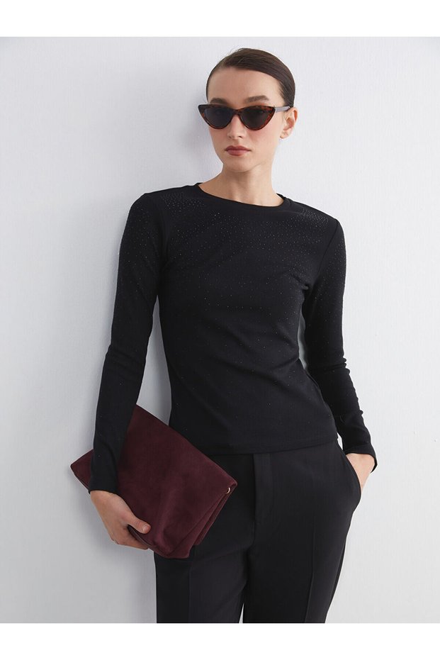 Two Mt Shop Quality Lcw Everyday Black Ribbed Stone Detailed Tight & Slim Long Sleeve Women's T-Shirt