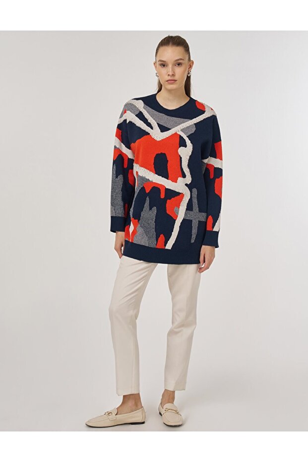 Soyut Desen Triko Tunik Koyu Lacivert - 2