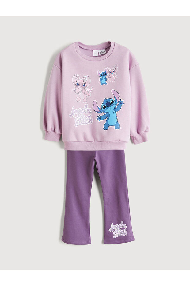 Crew Neck Stitch and Angel Printed Girls' Sweatshirt and Leggings