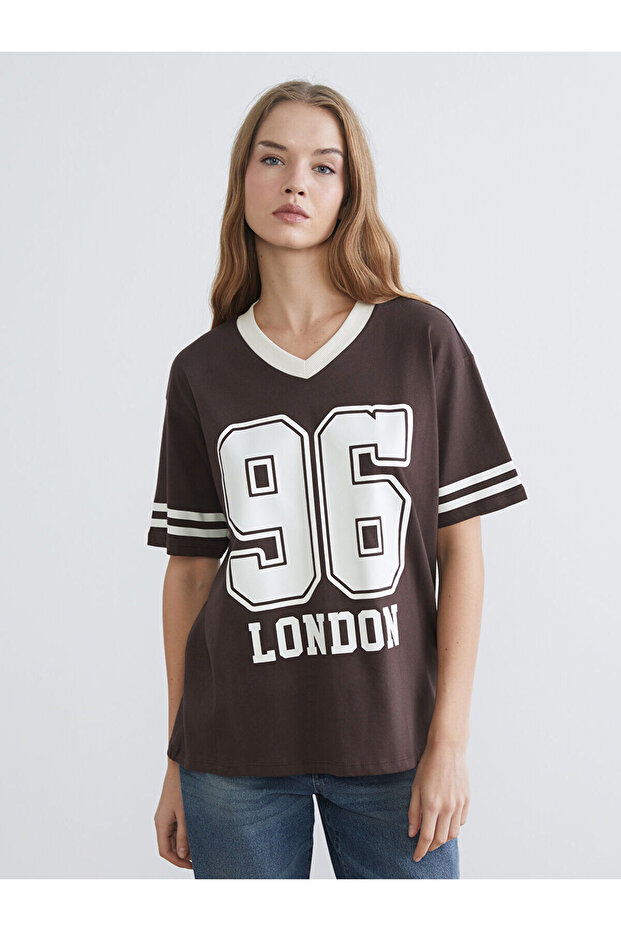 Two Mt Shop Quality Xside Brown Combed Cotton Printed Oversize Short Sleeve Women's T-Shirt
