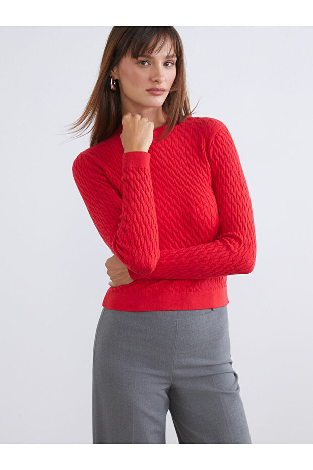 Crew Neck Self Patterned Women's Knitwear Sweater