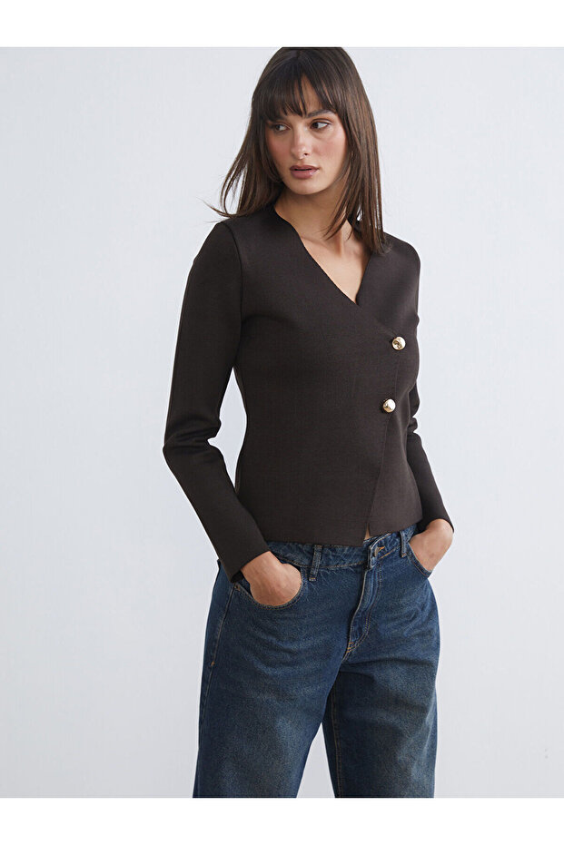 Kruvaze Yaka Kadın Triko Hırka - 1