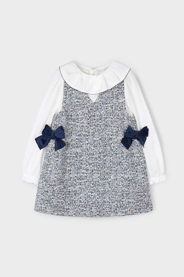 Girl's Tweed Look Gilet Dress with Bow Detail - Blue