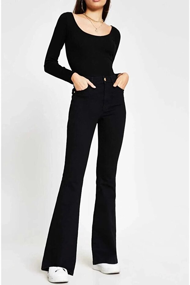 Eftelya Black Flared Comfort Jeans High Waist Trousers